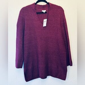 J JIll Pure Jill Rib Textured V Neck Tunic Sweater Womens Sz M Dark Burgundy NWT
